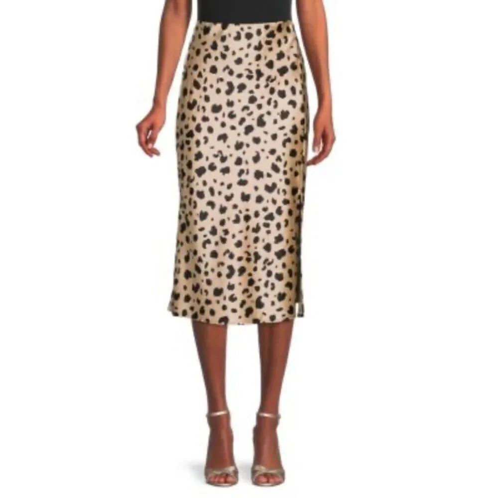 Chic Women Satin Animal Print Midi Skirt Size M